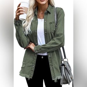 Oversized Denim Jacket, Distressed, Olive Green, Size L NWOT